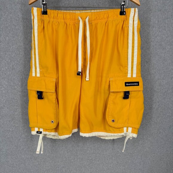 Abercrombie Fitch VTG Swim Trunks Size L Yellow White Logo Flip Waist Beach - Picture 1 of 14